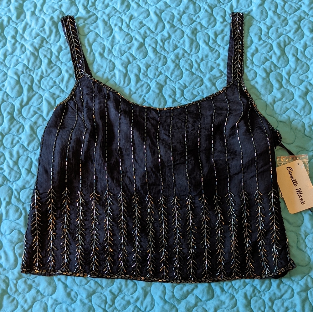 Vintage Camille Marie handmade navy blue silk shell beaded cropped tank top XL